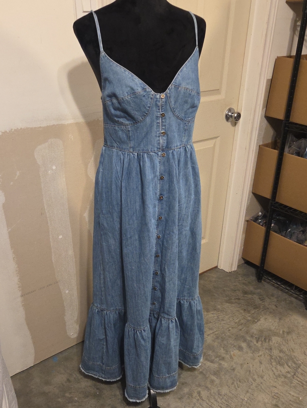 Kori Denim Button-Front Maxi Dress Boho Sleeveless Smocked Tiered Raw Hem Fringe